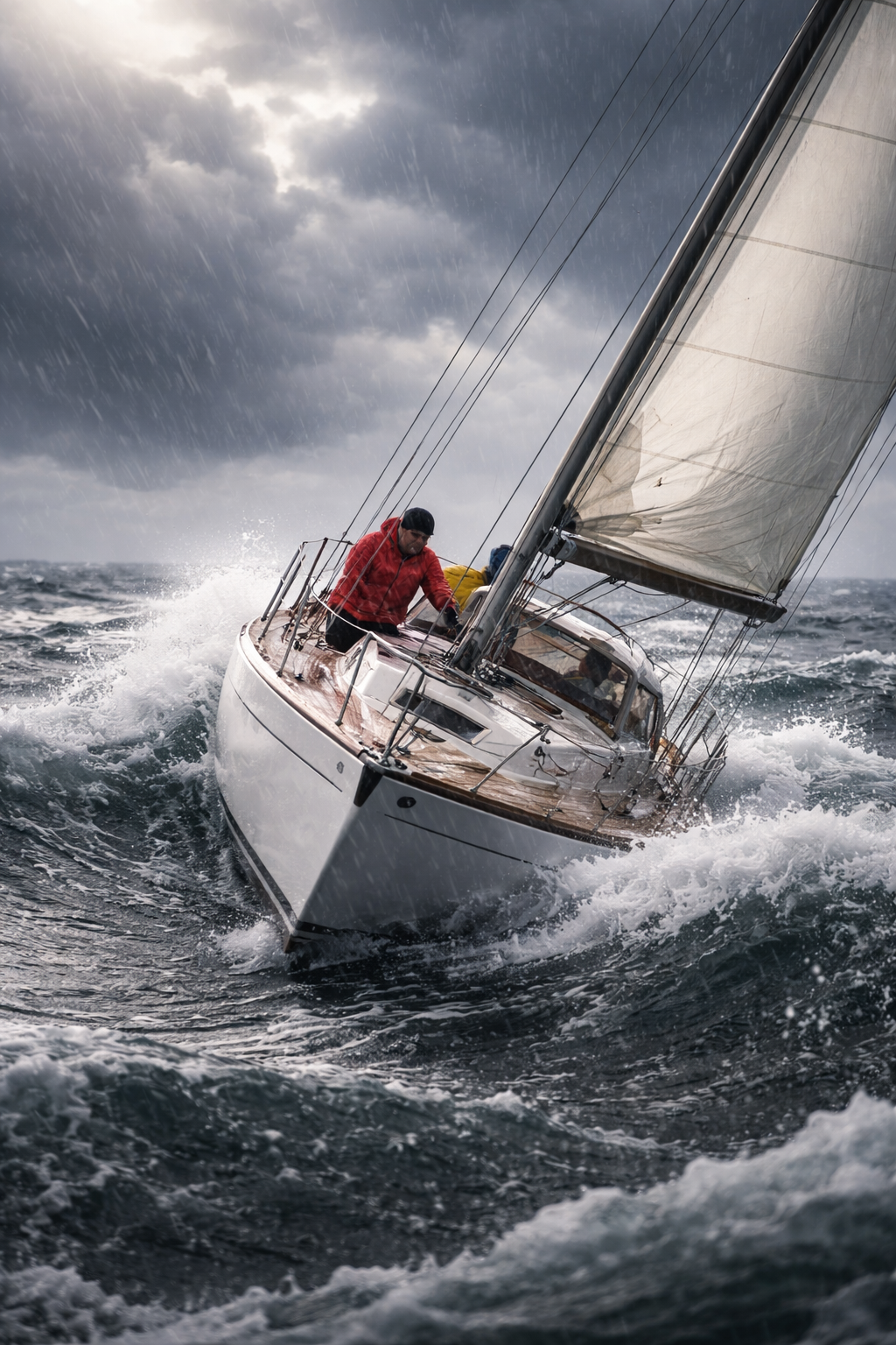 Small sailing boat in waves and rain